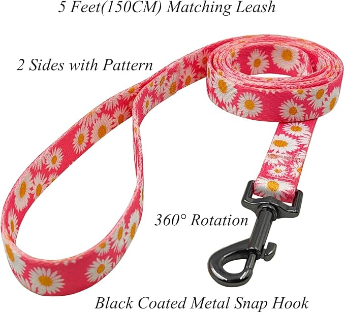 Dog Collar and Leash Set, Cute Pink Daisy Pattern, Polyester Material, 5ft Leash, for Small Dogs.(Small, Pink Daisy)