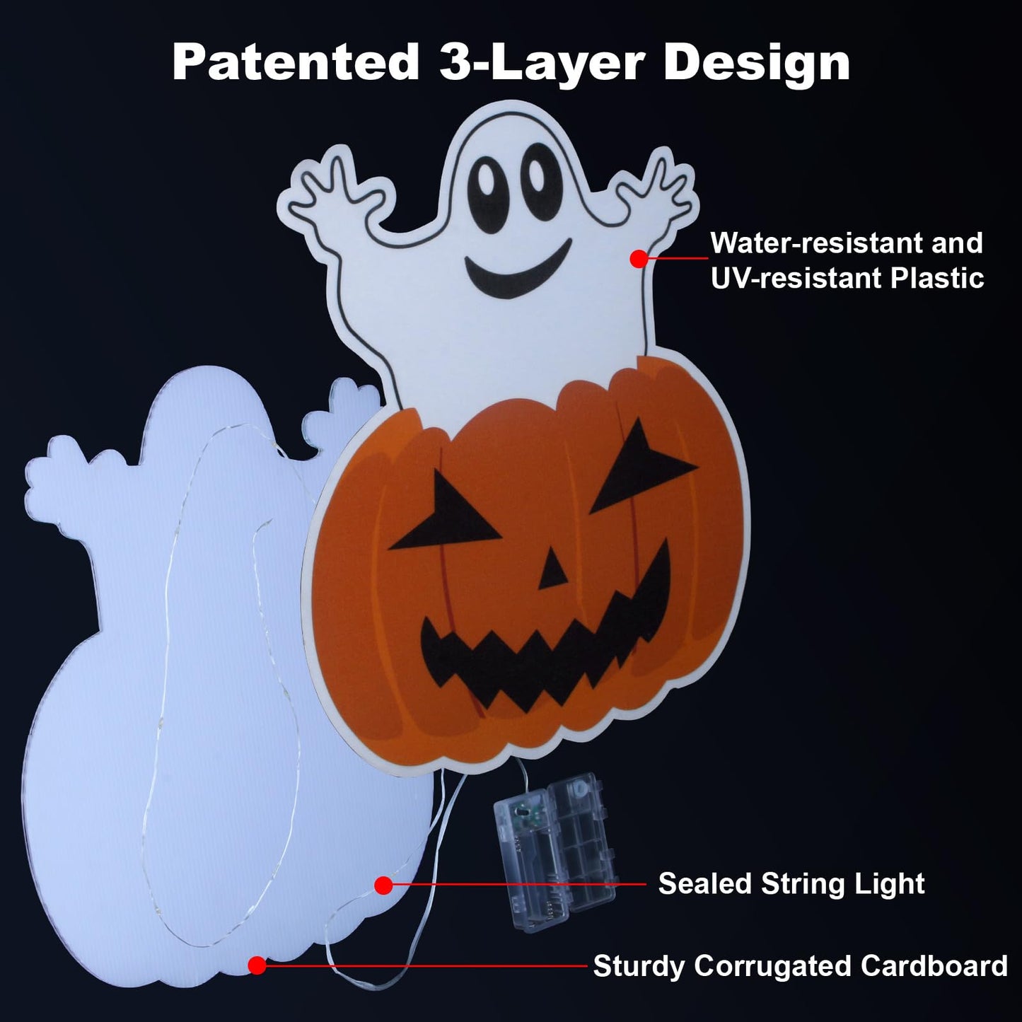 Lighted Yard Signs for Halloween Props Yard Stakes Light Up Pumpkin Ghost Yard Sign with Stakes for Halloween Decorations Outdoor Lawn Decor Yard Decorations - 3PCS
