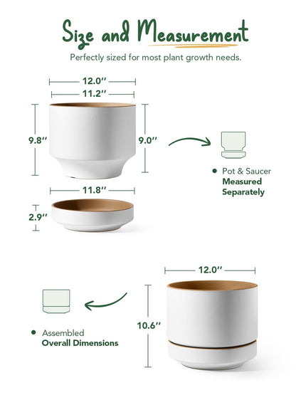 LE TAUCI 12 Inch Pot for Plants with Saucer, Ceramic Indoor Planter Pot with Drainage Hole, Mesh Pad Included, Matte Glazed Outside, Modern for Home and Office, Alpine White & Ochre