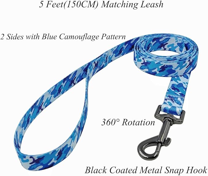 Dog Collar Leash Set, Camouflage Pattern, Polyester Material, Adjustable Collar and 5ft Matching Leash, for Puppy Dogs.(XS, Blue Camo)