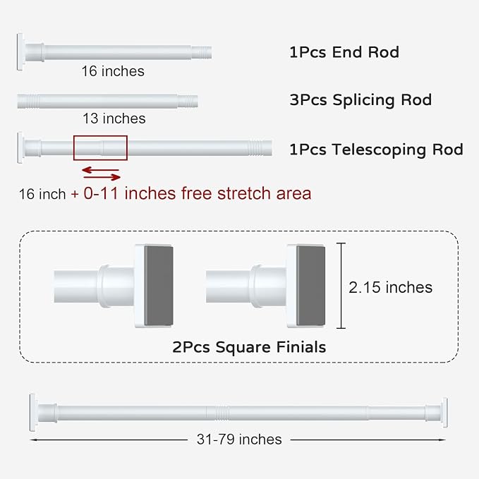 UIOSANRT White Shower Curtain Rod 31-79 Inches Non-Slip Shower Rod Tension Mounted No Drill Shower Curtain Rods Spring Tension Rod Adjustable Tension Curtain Rod for Windows Bathroom
