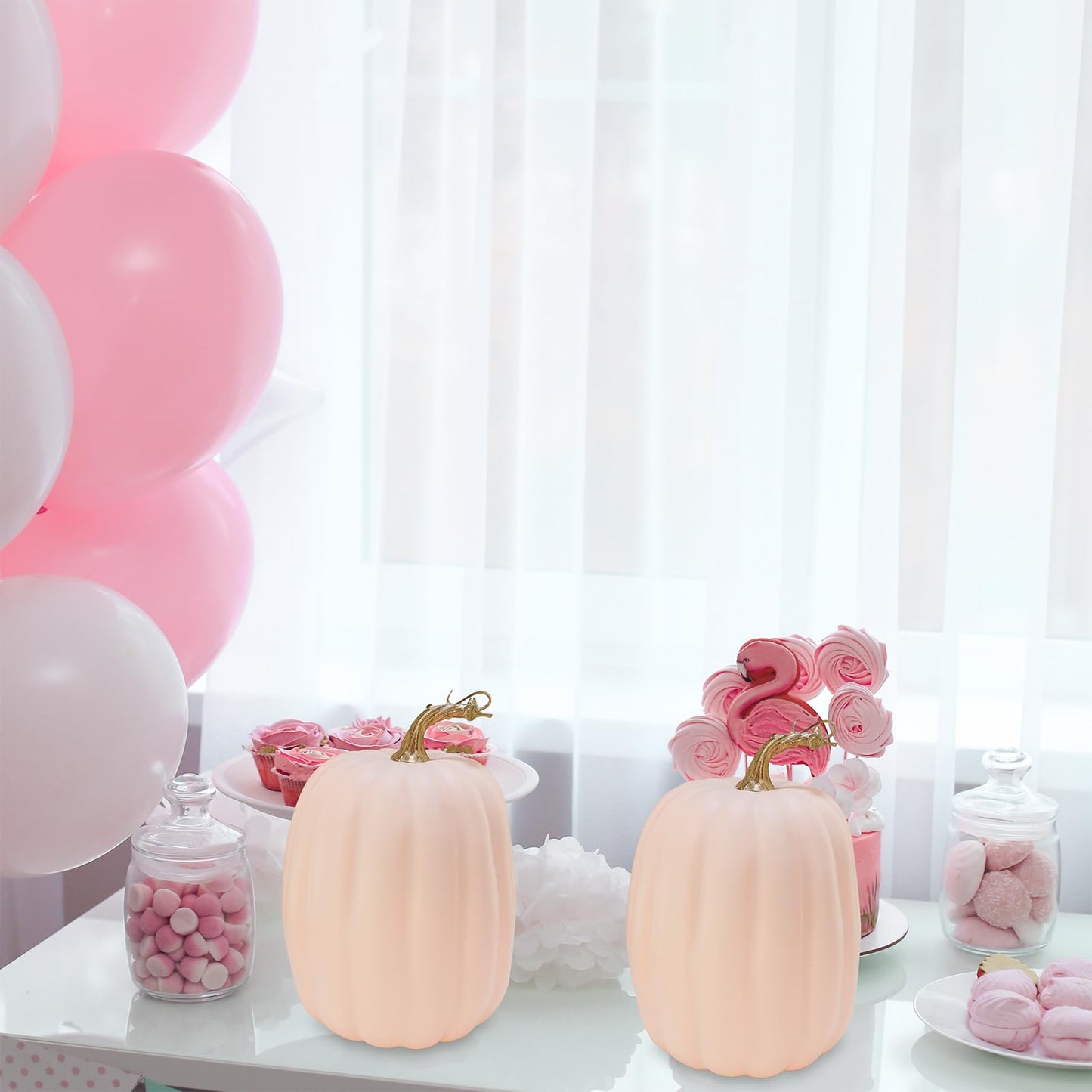 Winlyn 2 Pcs Large Artificial Pumpkins Fall Harvest Light Peach Pumpkins Big Faux Foam Pumpkins 8.7" for Fall Autumn Home Decor Wedding Baby Shower Thanksgiving Halloween Party Table Centerpiece