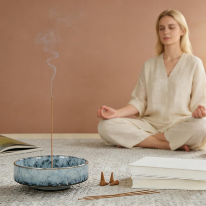 Fluvie 5.9" Ceramic Incense Holder with 10 Holes,5in1 Incense Tray for Sticks,Coil,Cone,Sage,Palo Santo,Handcrafted Burner Ash Catcher Smudge Bowl for Yoga Meditation Energy Cleansing Room Décor,Blue
