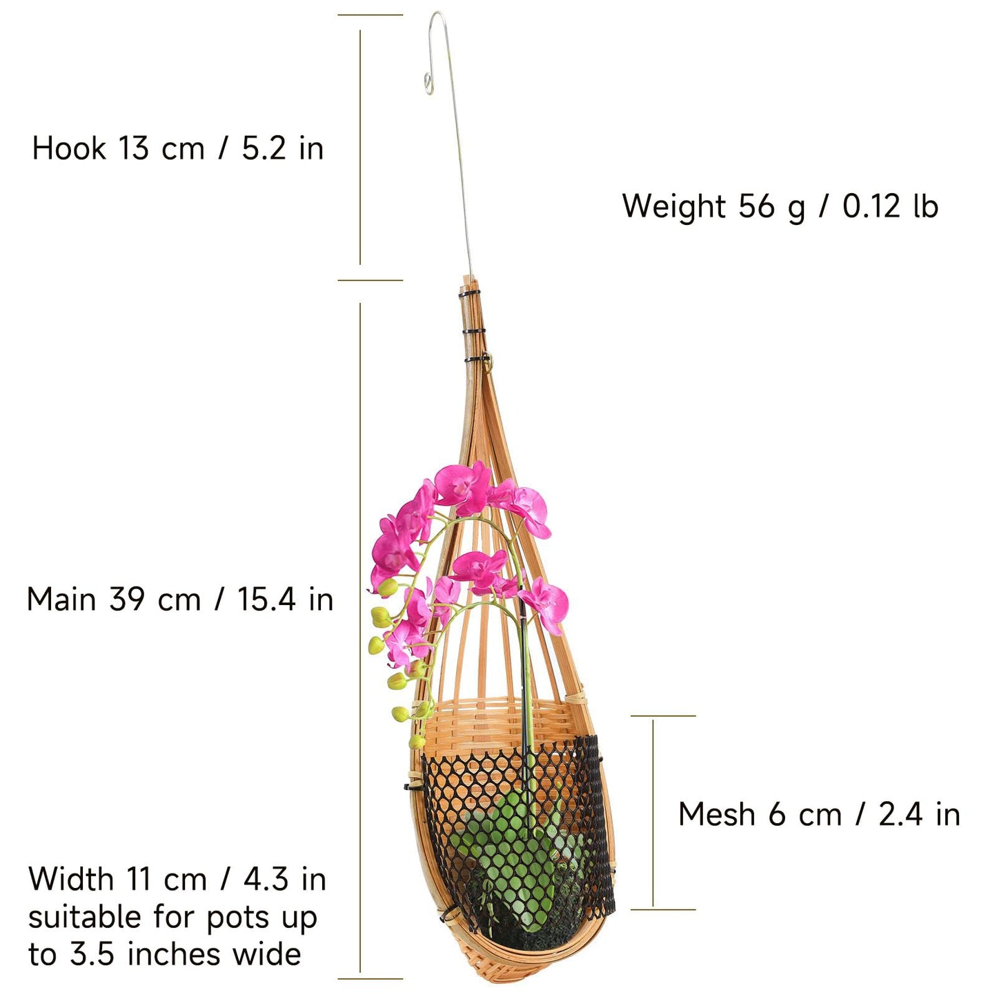 SatisJoy Orchid Hanging Planter, 5 Inch Thai Handmade Bamboo Natural Material Hanging Basket for Indoor Outdoor, Trellis Compatible, Durable Breathable, Set of 4 (Brown)