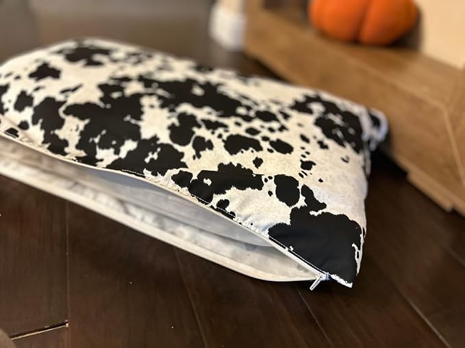 Natural Cotton Canvas Dog Bed – Raw Cotton Filled Pet Cushion Insert, Breathable Eco-Friendly Dog Mattress, Durable Washable Cover with Zipper (Cow Print Black White, Medium 42"x29"x4")