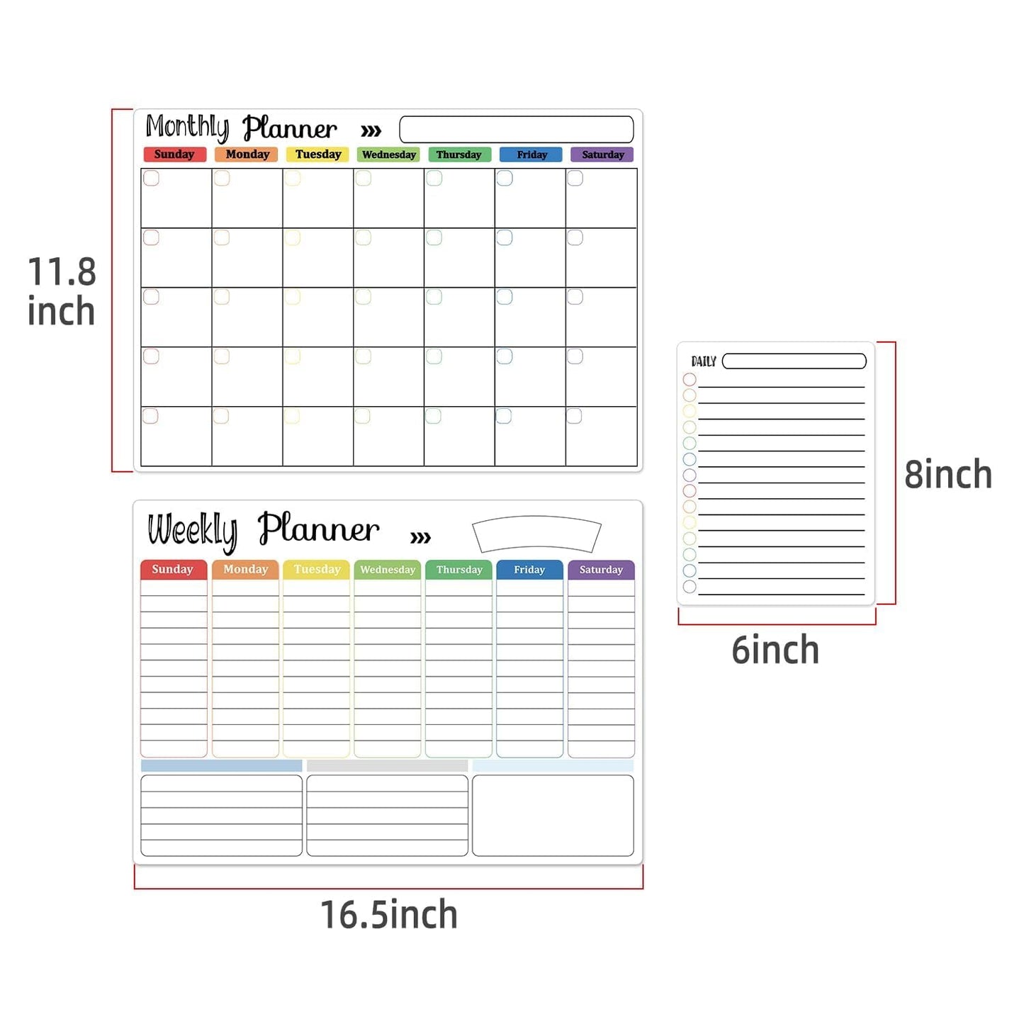 Hivillexun 3-Pack Magnetic Dry Erase Calendar Whiteboard Set for Fridge, Wall & Refrigerator Organisation – Monthly, Weekly & Daily Planners – Includes 8 Markers & Eraser