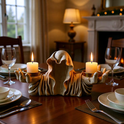 Halloween Ghost Tealight Candle Holder, Resin Gothic Candle Stand for Tabletop, White and Blue Scary Decorative Candlestick, Spooky Tea Light Holder for Haunted House, Gothic Decor (White)
