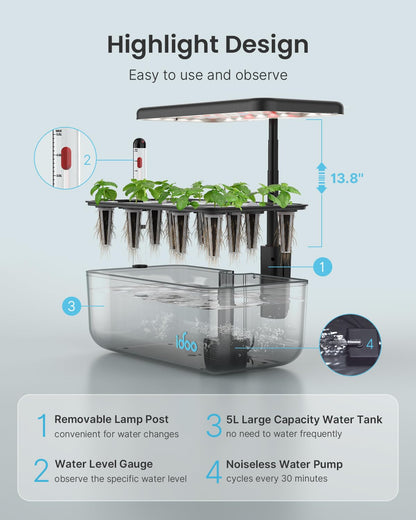 iDOO 12 Pods Indoor LED Hydroponic System Kit, Transparent, 5L, Self Watering, Gifts for Mom, House Warming, Indoor Herb Garden, Hydroponic Growing System