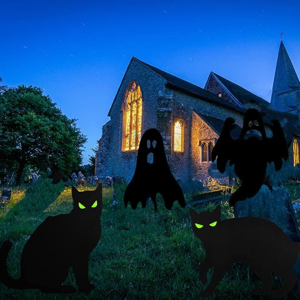 MYBOLE 6 Pack Halloween Black Scare Cat and Ghost Statues Party Decorations Yard Signs with Stakes