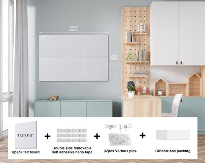 G Gamit 0.47" Thick Felt Pin Board 36"x24" Large Cork Board Alternative 6 Pack 11.81"x11.81"Felt Bulletin Board Wall Tiles Notice Board with 30 Pushpins for Home Office School(Fine-White)
