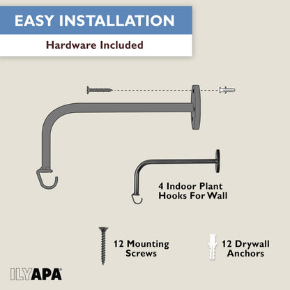 Ilyapa 4 Pack Metal Plant Wall Hanger Hooks - 7 in. Hook for Hanging, Baskets, and Macrame, Indoor Hangers in Matte Black Finish, Wall Planters