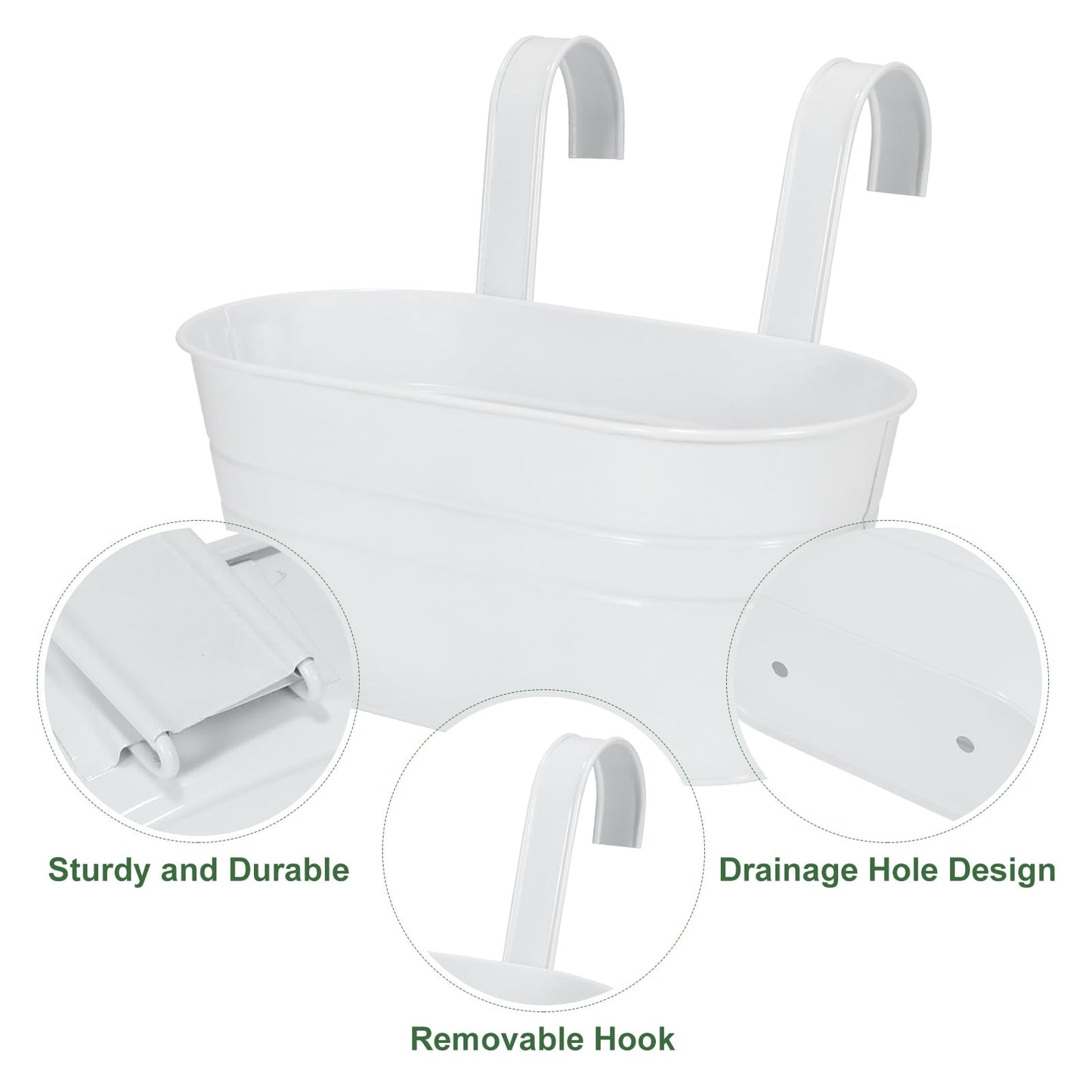 HowRU Metal Iron Flower Pots for Railing Fence Hanging Bucket Pots(5 Pcs) and Hanging Flower Pots Metal Iron Bucket Planter(10 Pcs) (White)