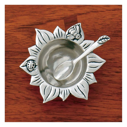 Basic Spirit Sun Flower Salt Bowl with Spoon Pewter Bee Ladybug Cellar Container for Spices Snacks Side Dishes Nature Lover Gift