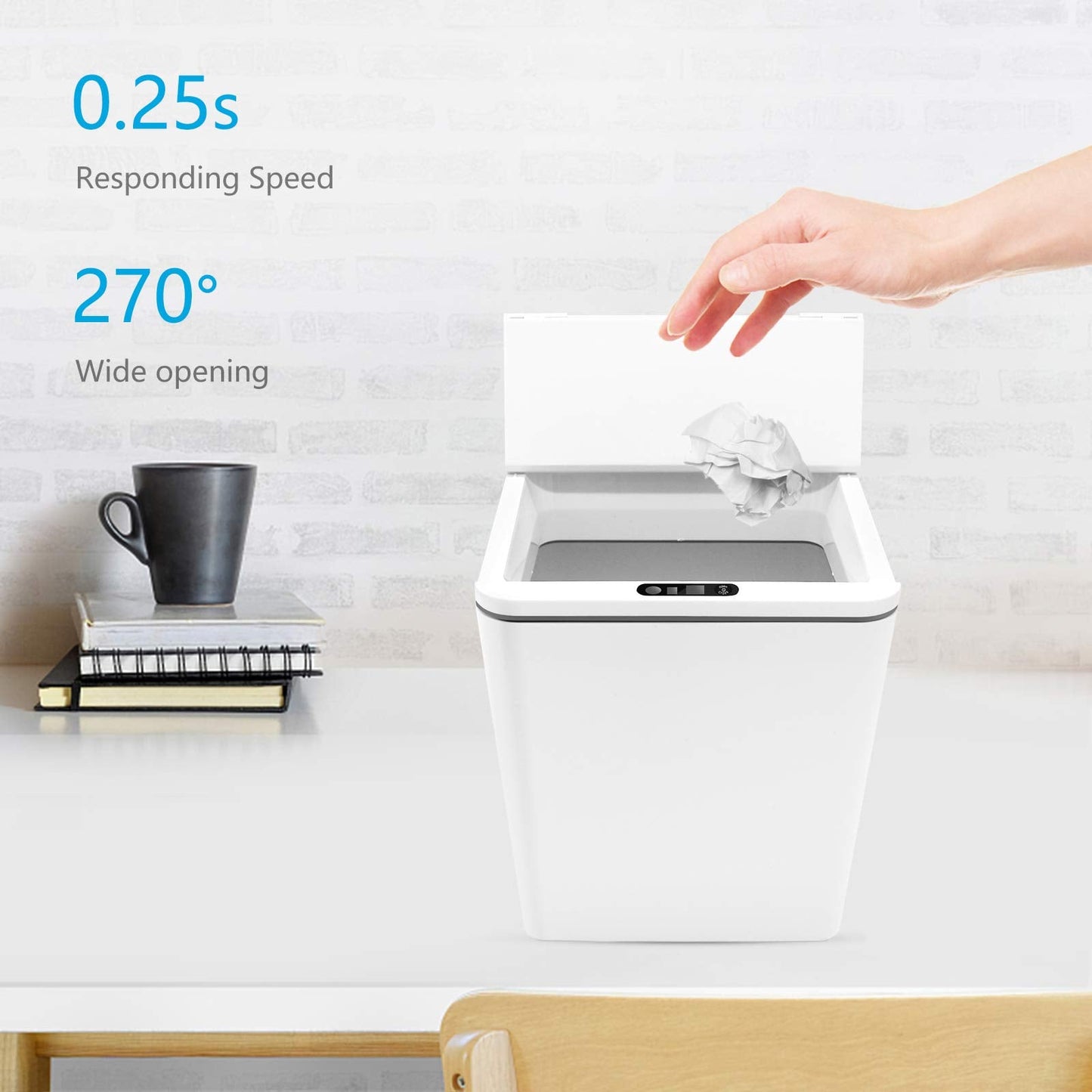FEBHBRQ Automatic Small Countertop Trash Can with Lid, 1.5 Gal/6L Toucheless Mini Waste Bin for Office Desk/Bedside Table/Coffee Bar -Batteries, White