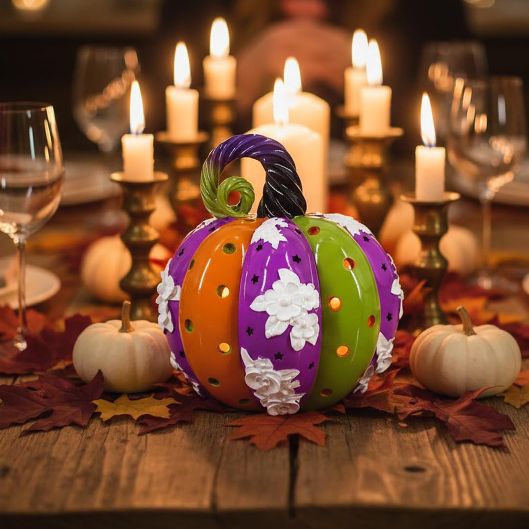 SEAKINGDOM YHH Premium Handmade Pumpkin Statue - 7 Inch Fall Harvest Decor, Resin Sculpture for Thanksgiving Centerpiece, Halloween Tabletop, Mantel & Bookshelf Display (Purple, Green, and Yellow)