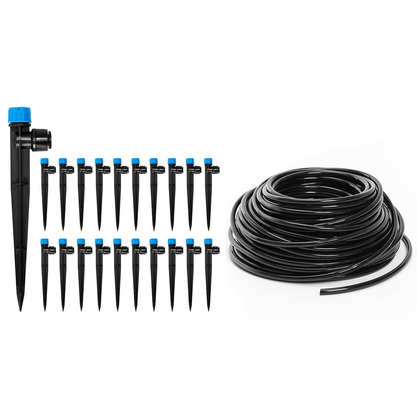 The Bundle of MIXC 20 Pack Quick Connector Drip Emitter Stream and MIXC 100FT 1/4 Inch Distribution Tubing Black