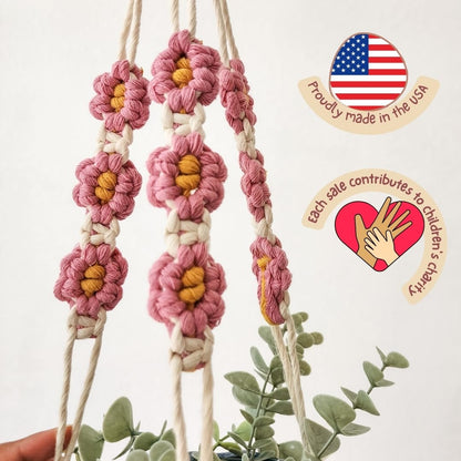 Macrame plant hanger with Daisies | Hanging plant holder | Macrame Plant hangers outdoor and indoor hanging planters Plant stand indoor Boho Decor hanging planter stand/plant shelf (Champagne Pink)