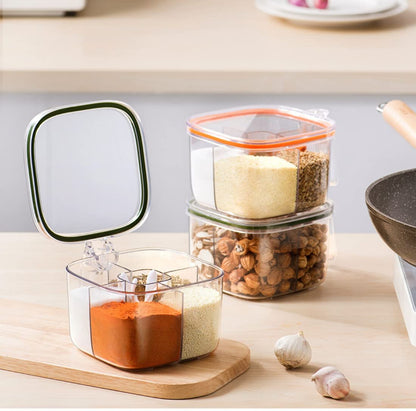 Brand Clear Box, 4-Compartment Sealed Container Set with Lid, Cover & Serving Spoons, Plastic Kitchen Condiment Jars to Store Salt, Pepper, Powder