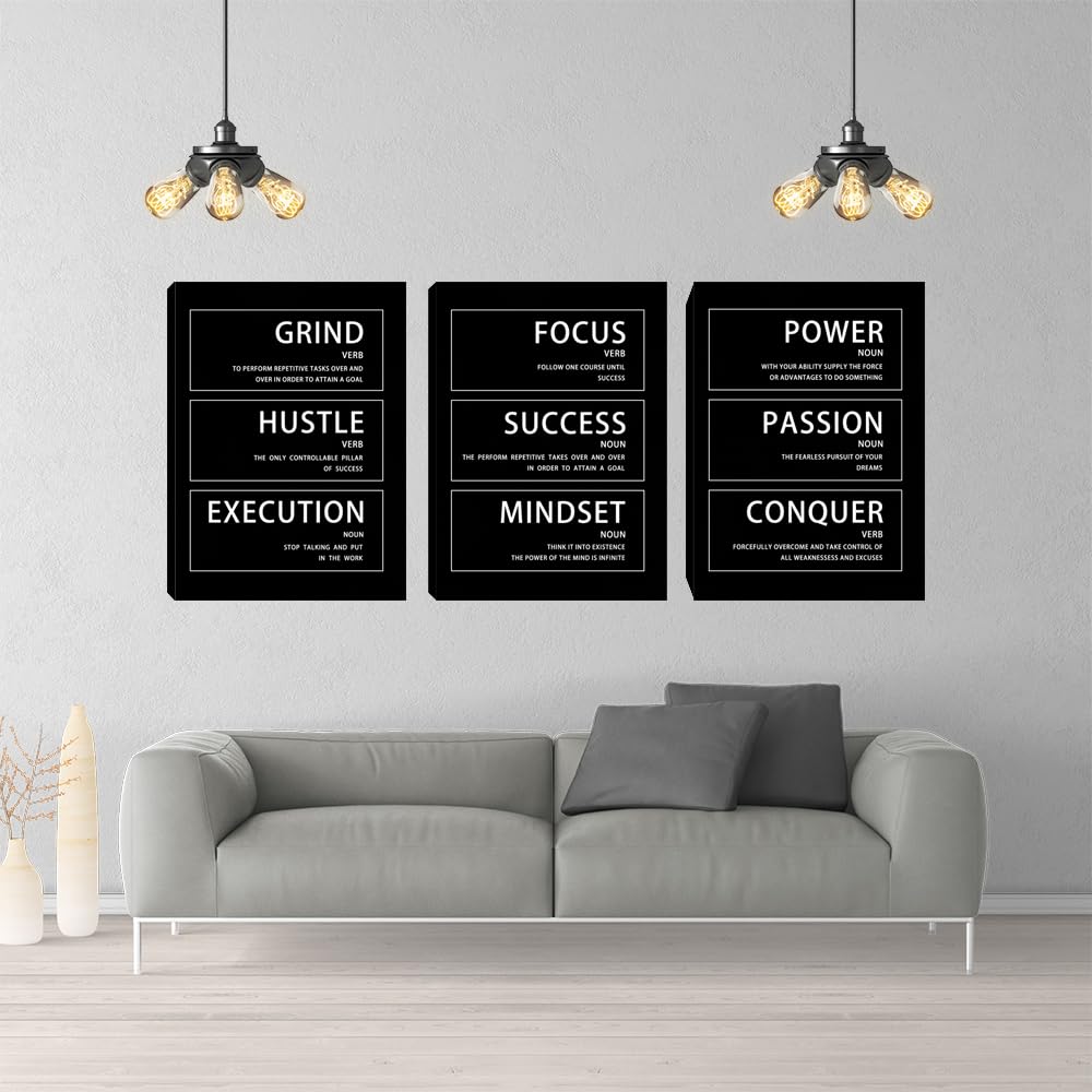 Yetaryy Motivational Wall Art - Hustle Grind Execution Quotes - 3 Piece Inspirational Success Mindset Wall Art Poster Canvas Office Decor - 36" W x 16" H