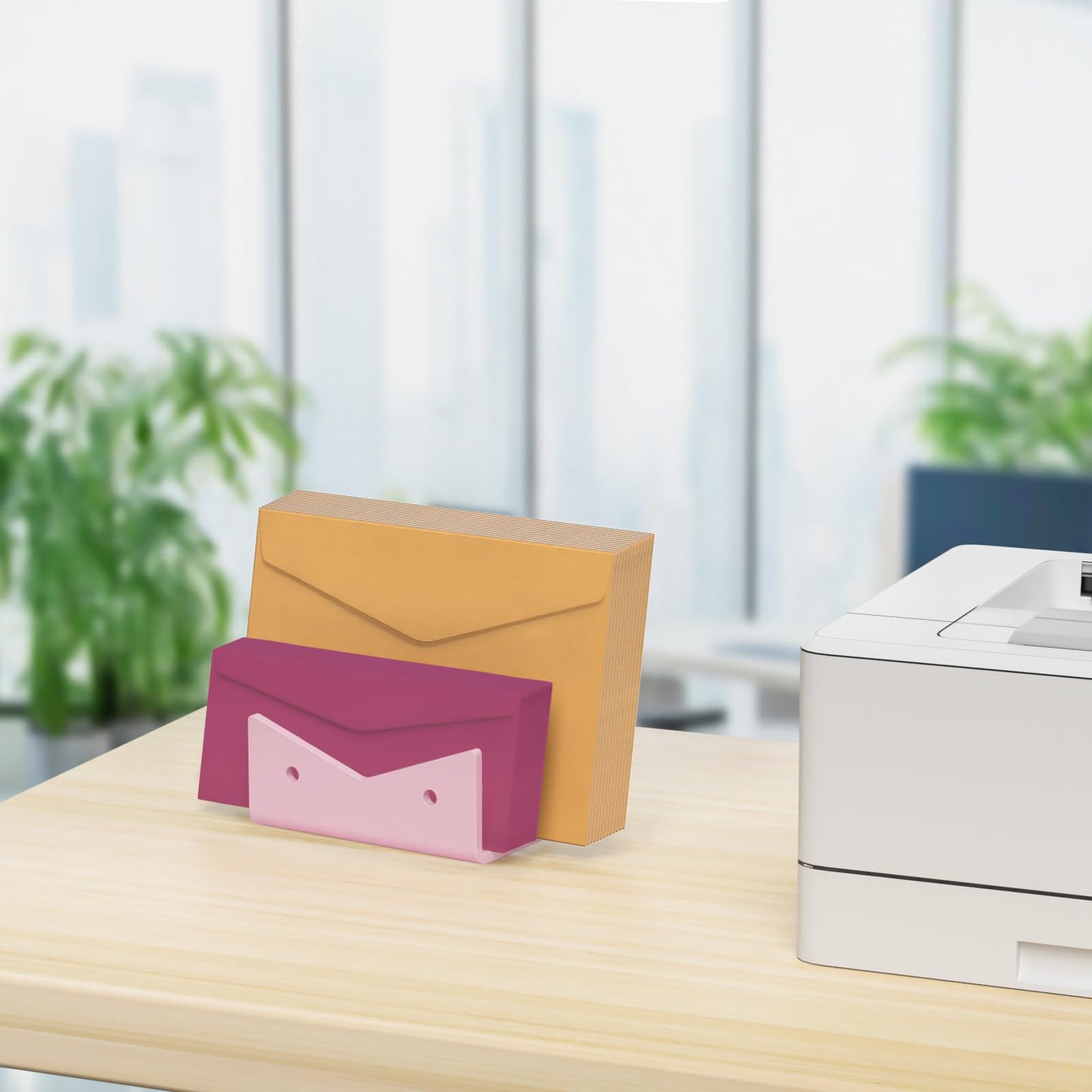 Rulyyo Mail Organizer Envelope Holder - 2 Compartments Pink Acrylic Mail Holder Countertop Vertical Desk Organizer Small File Bill Document Notebook Letter Sorter for Home School Office Supplies