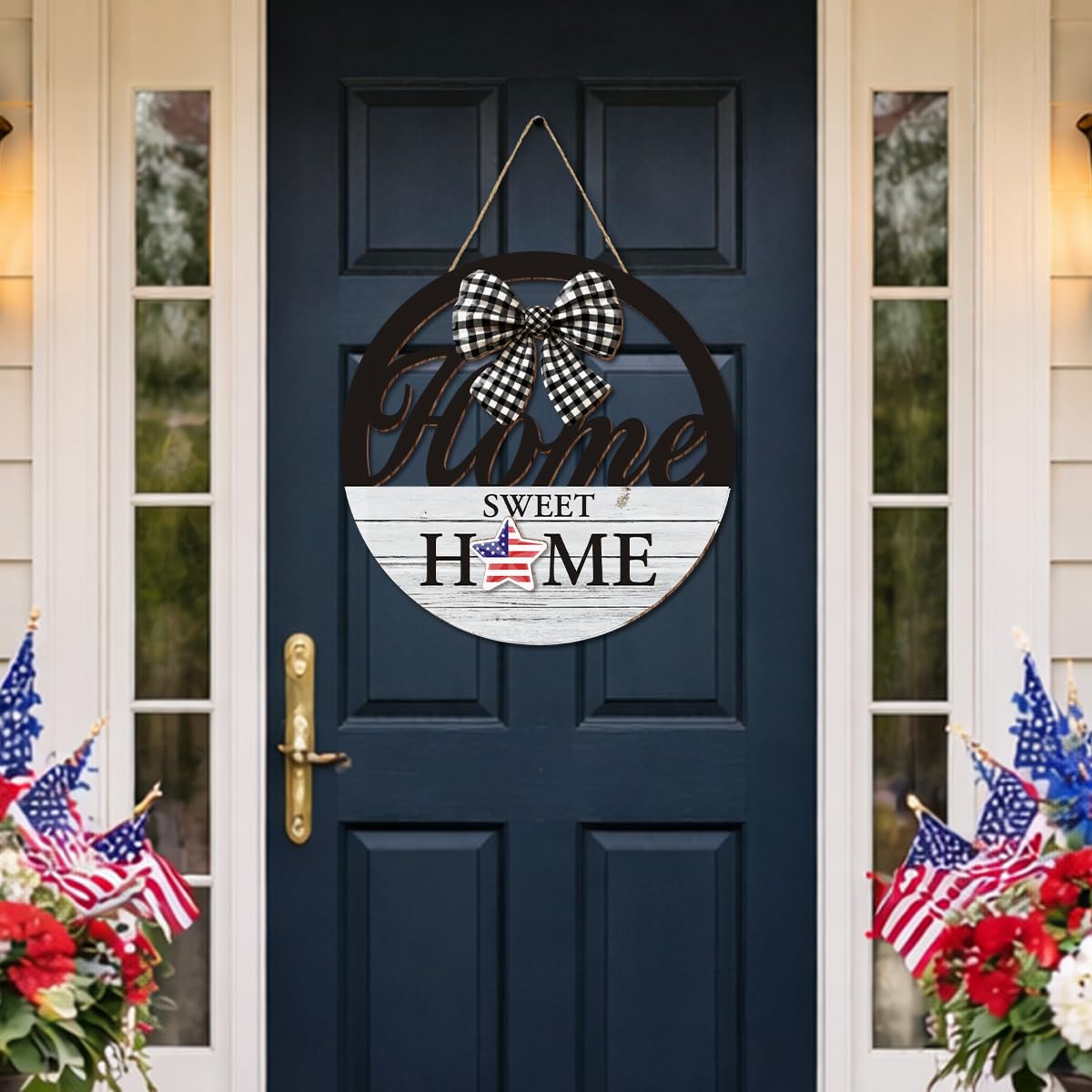 Interchangeable Seasonal Home Sweet Home Hanging Sign - Farmhouse Front Door Decoration for Spring All Seasons Holidays - Rustic Round Wood Wreaths with 12 Icons(White)