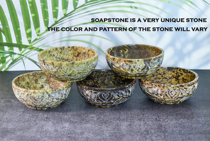 Ajuny Soapstone Natural Smudge Pot | Stone Bowl | Scrying And Smudge Bowl Handmade Leaf Carved Design Household Kitchen Table Decorative Gift 5 Inch
