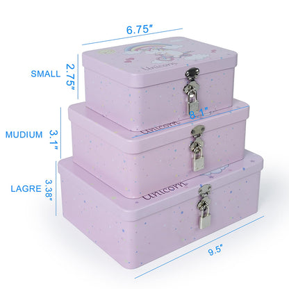 Luwint Metal Box Unicorns Pattern Decoration Storage Box - Pink Metal Thin Art Box Organizer with Lock, Ideal Gift for Friends Mother Father (3 Pieces/Large Medium Small)