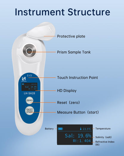3-in-1 Digital Salinity Refractometer with ATC/Refractive Index(RI), Accurate Measurement with Precision Light-Blocking Cover, Fast Touchscreen Test Spoon Meat/Aquarium/Saltwater, Salt Content:0-28%