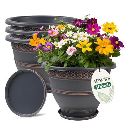Usocik 10 Inch Plaid Plant Pots 4 Pack with Drainage and Saucers Copper