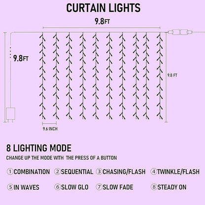 Dazzle Bright 300 LED Christmas Curtain String Lights, Halloween Fairy Lights for Bedroom with 8 Lighting Modes, Waterproof Window Light Party Wedding Garden Wall Decor, Purple