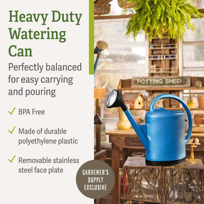 Gardener’s Supply Company French Blue Watering Can | 3 Gallon Indoor Outdoor Water Container for Plants and Garden with Removable Stainless Steel Faceplate Rose Sprinkler Attachment - Blue