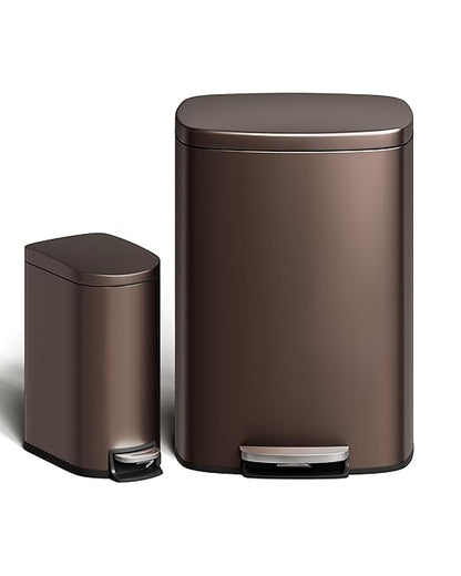 Garvee 13 gal (50 L) and 2.6 gal (10 L) Metal Trash Can Combo Set, Rustproof Garbage Can with Lid, Step-on Trash Bin with Inner Bucket, Rear Handle, Brown