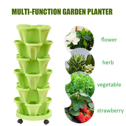 MTICYL Vertical Planter 5 Tiered,Stackable Planters for Strawberry Herb Flower and Vegetable Stacking Garden Tower Gardening Pots with Removable Wheels and Bottom Indoor Outdoor