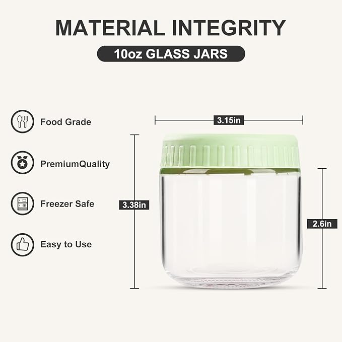 SHOWIN Overnight Oats Containers with Lids, 10oz Glass Jars with Lids 2 pcs, Light Green, Wide Mouth Mason jars for Salad, Yogurt, Snacks, Meal Prep