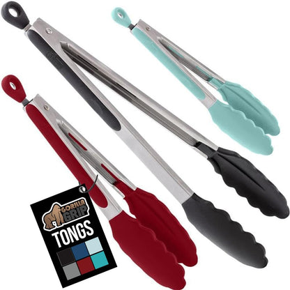 GORILLA GRIP Stainless Steel Heat Resistant Kitchen Tongs for Cooking, 9 + 12 Inch, Set of 2 BBQ Tong, Non Scratch Silicone Tip for Pan, Strong Grip, Grab Food, Toss Salad, Air Fryer, Pull Lock, Black
