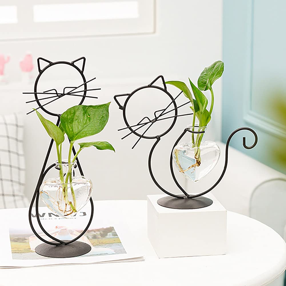 Lifeuping 2PCS Desktop Heart Glass Planter Vase Holder, Cat Plant Metal Stand Cat Gifts for Hydroponics Plants Terrarium Home Garden Decor Outdoor Planter Ideas Cat Lovers