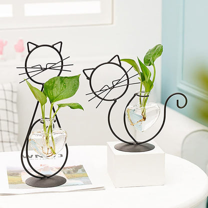 Lifeuping 2PCS Desktop Heart Glass Planter Vase Holder, Cat Plant Metal Stand Cat Gifts for Hydroponics Plants Terrarium Home Garden Decor Outdoor Planter Ideas Cat Lovers