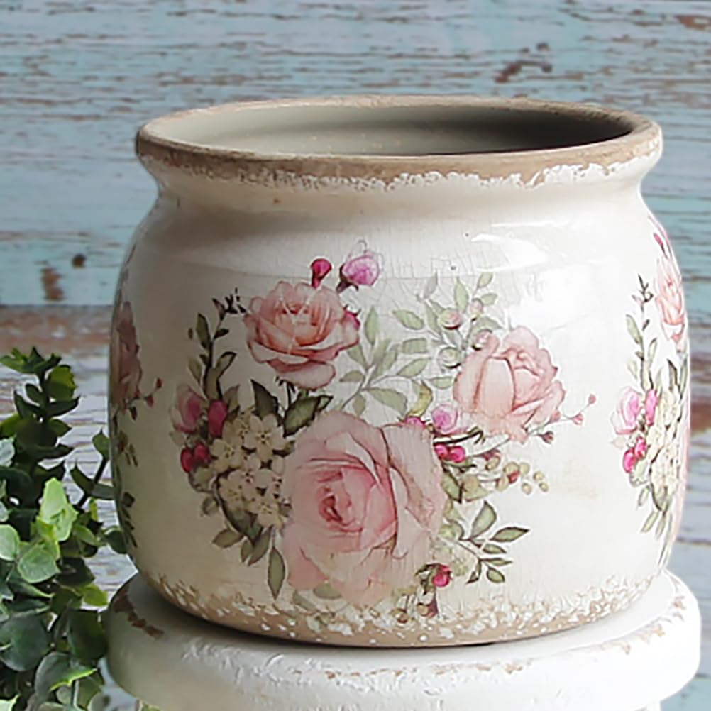 Xiaan Jiaju Ceramic Planter for Indoor Plants, 6.29 Inch Rose Pattern Crackle Glaze Flower Pot with Drainage Hole, Orchid Succulent Pots, European Farmhouse Bedroom Balcony Decor Gift, Pink
