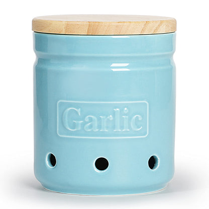ONTUBE Garlic Keeper with Wooden Lid, 4.5-Inch Ceramic Garlic Holder 24oz (Turquoise)