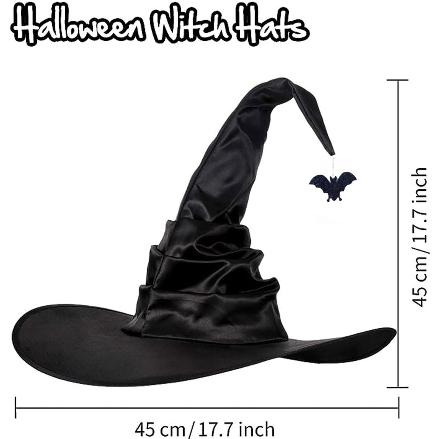 Seasons Stars SSDecor 2025 Halloween Witch Hat with Handcrafted Pleating and Glittery Bat Pendant, Halloween Costume Accessory Black Witch Hat for Adult's