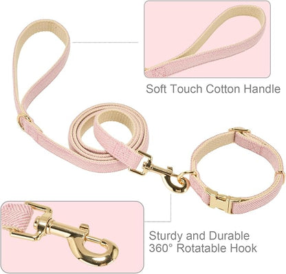 Soft Dog Collar and Leash Set Adjustable Woven Tweed Dog Collars with Metal Buckle and Lead for Small Medium Large Dogs,Pink