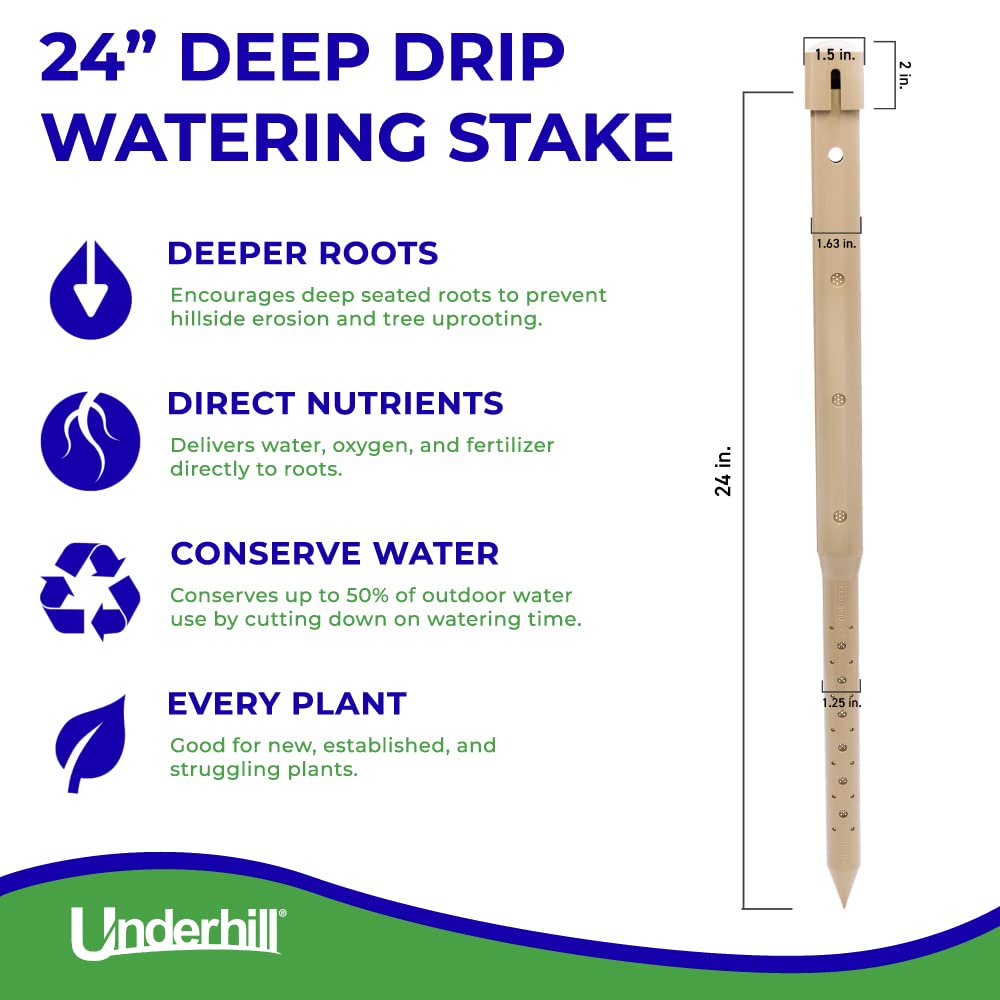 Underhill Deep Drip Irrigation Stakes 24-1/2-Inch, Case of 4 Watering Spikes for Trees with Medium Depth Roots, Drip System Parts Tubes, A-DD24