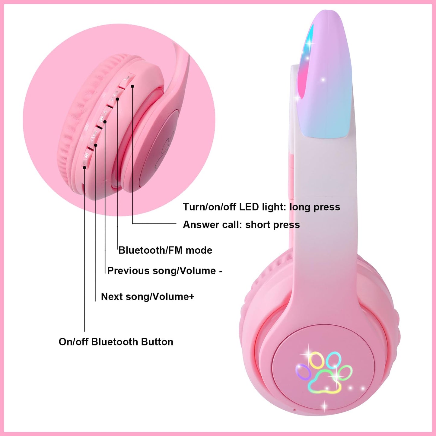 HOYJACY Cat Ear Kids Bluetooth Headphones for Girls Children Teens, LED Light Up Wireless/Wired Mode Foldable Stereo Girls Headphones with Built-in Mic for School Birthday Xmas Gift (Pink)