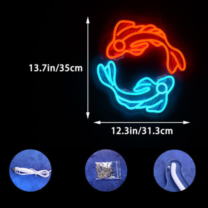 Koi Fish Neon Sign Animal in Sea LED Light up Fish Family Interior Wall Decor Fancy Carp Lucky Charm Neon Lights Hanging Bedroom Home Family Office Business Store Shop