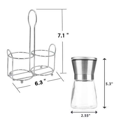 Premium Stainless Steel Salt and Pepper Grinder Set - Short Glass Shaker, Pepper Mill & Salt Mill with Adjustable Coarseness, Refillable for Himalayan or Sea Salt, Black Peppercorn, with Bonus Stand