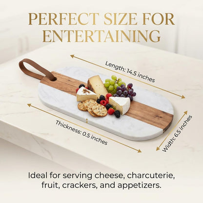 Marble & Acacia Wood Charcuterie Board, Cheese Board, Serving Platter & Appetizer Tray with Leather Strap, Marble Cheese Board for Entertaining, Housewarming Gift, Wedding Gift for Couples