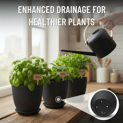 JNGROW Indoor Garden Kit - Plant Pots with Drainage, Watering Can & Tools - Ideal Windowsill Planter Set - Modern Home & Kitchen Decor Gift - Black