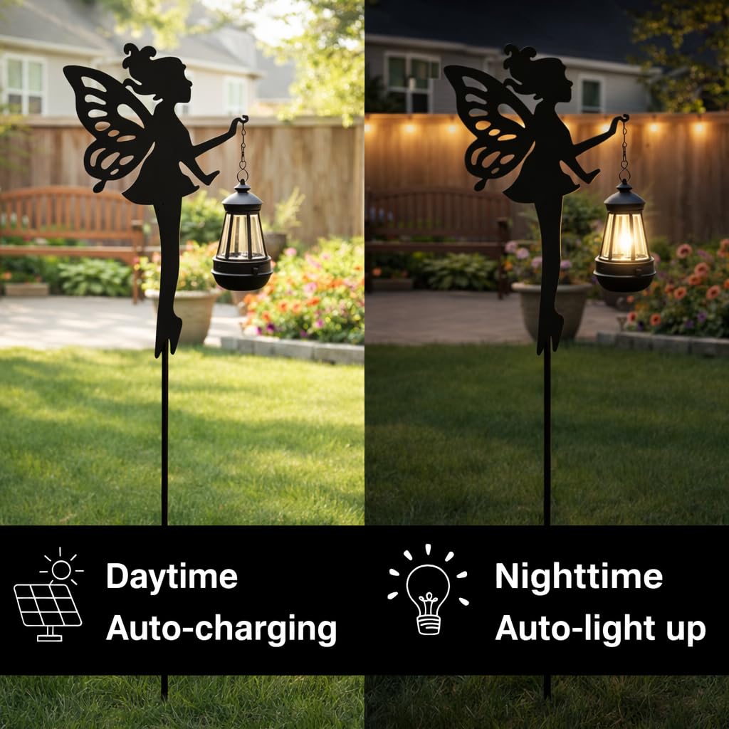 Solar Fairy Garden Accessories Outdoor 1 Pair - Metal Stakes Decorative Figurines Housewarming Ornament for Patio, Lawn, Yard, Pathway - Unique Gift Ideas for Mom Grandma (Warm Lighting)