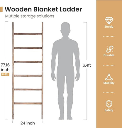 SwaaVee Blanket Ladder 6-Tier Towel Rack, Wooden Quilt Ladder Shelf for Home Decor, Wall Leaning Farmhouse Quilt Display Towel Holder Organizer for Living Room, Bathroom (24" Wide)