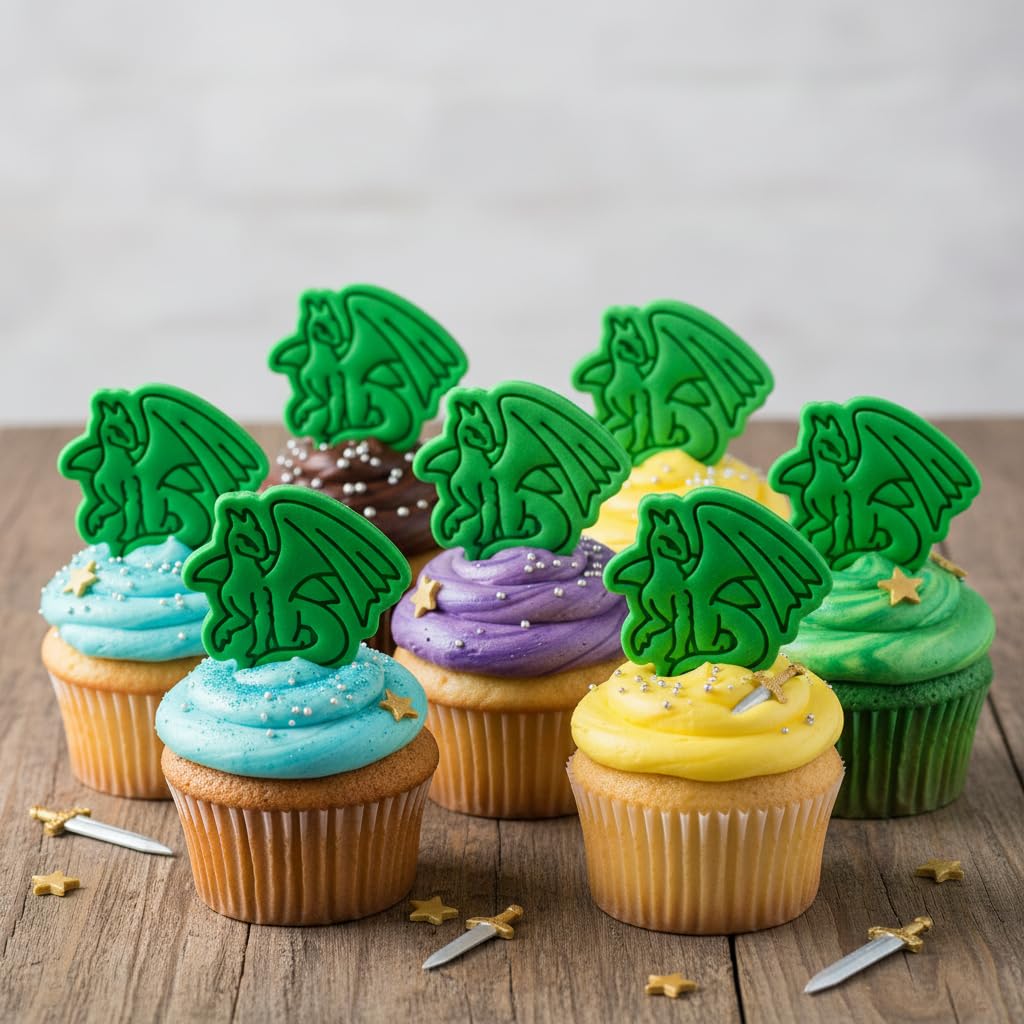 BAKERLOGY Dragon Mini Cookie Cutter and Stamp Set – Fantasy Creature Biscuit Fondant Embosser for Medieval Mythical Baking, Birthday Party Cupcake Decoration Tool